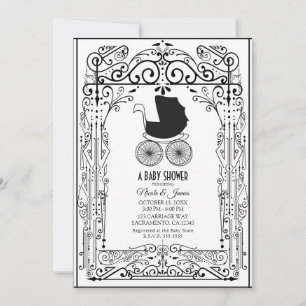Invitación Decoración de Carruaje Vintage Negro y Blanco para