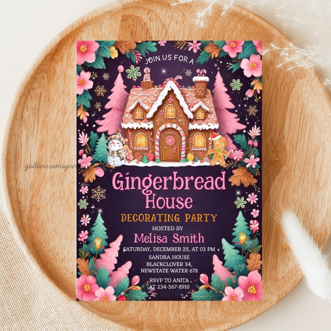 Invitación Decoración de Casa de Jengibre Fiesta de Navidad (Gingerbread House Decorating Christmas Party Invitation)