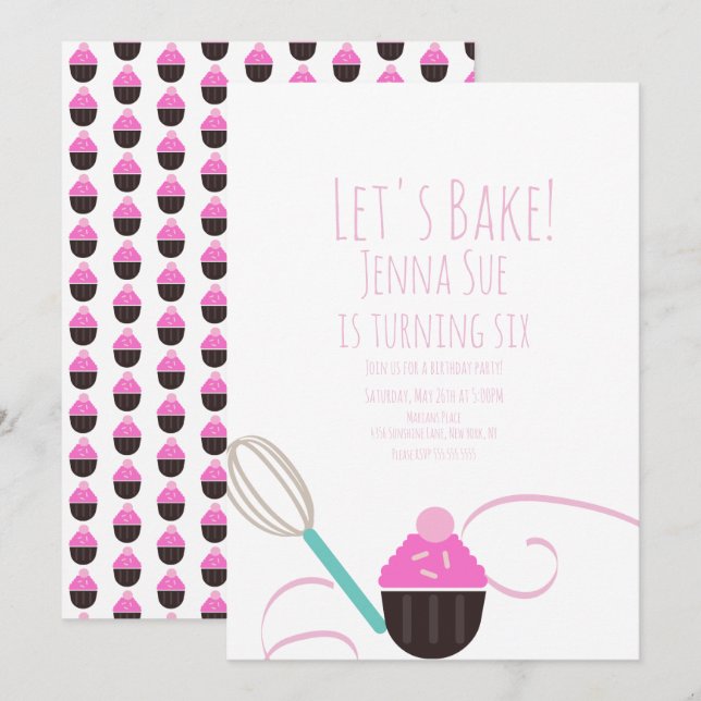 Invitación Decoración de Cupcakes de Cumpleaños Rosa (Anverso / Reverso)
