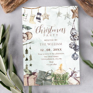 Invitación Decoración de fiesta de Navidad rústica con acuare
