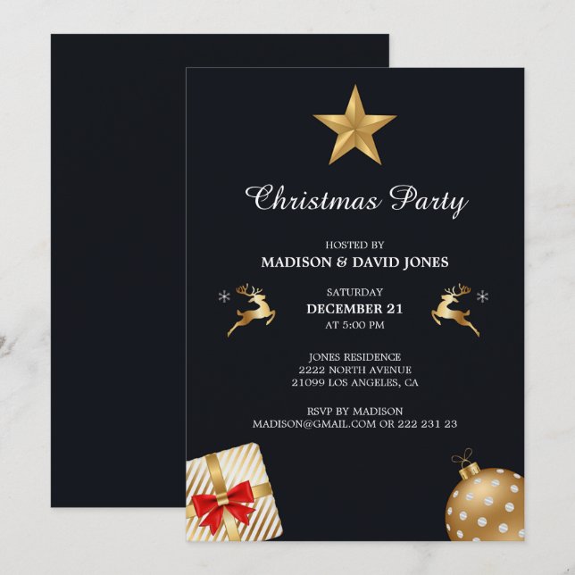 Invitación Decoración De Navidades Dorados Y Blancos (Anverso / Reverso)