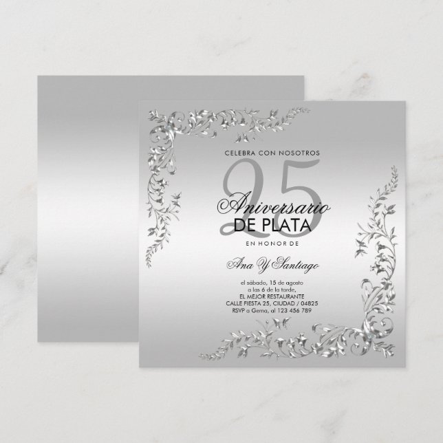 Invitación Decoración de plata 25 aniversario de bodas  (Anverso / Reverso)