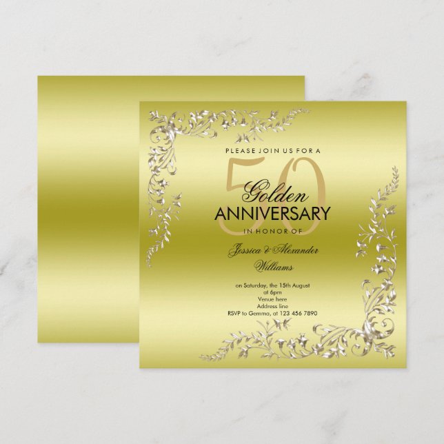 Invitación Decoración dorada 50° aniversario Boda (Anverso / Reverso)