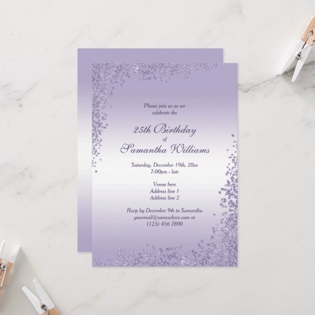 Invitación Decoración espumosa morada Purpurina Cumpleaños (Anverso/Reverso In Situ)