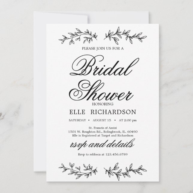 Invitación Decoración floral clásica elegante ducha de novia (Anverso)