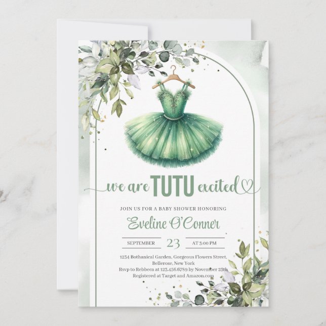 Invitación Decoración moderna de tutu verde y dorado (Anverso)