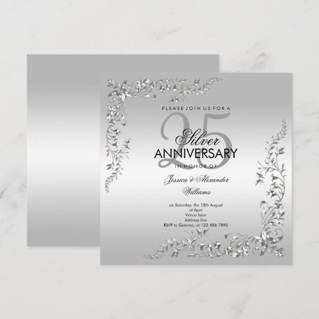 Invitación Decoración plateada 25° aniversario Boda (Anverso / Reverso)
