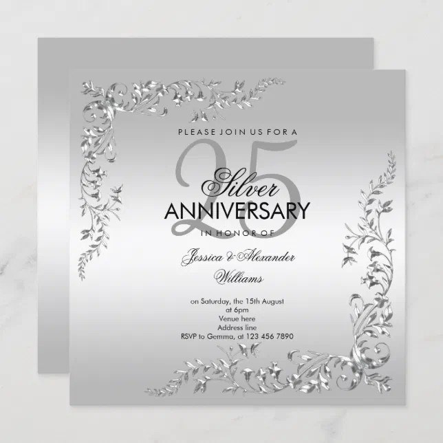 Invitación Decoración plateada 25° aniversario Boda Zazzle.es