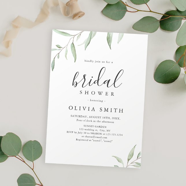 Invitación Decoración verde mínima caligrafía ducha de matrim (Minimal greenery calligraphy rustic bridal shower invitation)