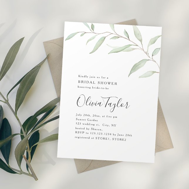 Invitación Decoración verde mínima caligrafía ducha de matrim (Minimal greenery calligraphy rustic bridal shower invitation)
