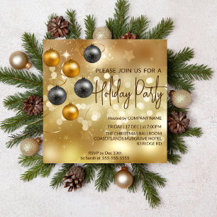 Invitación Decoraciones de bokeh de oro, baubles en negro y o