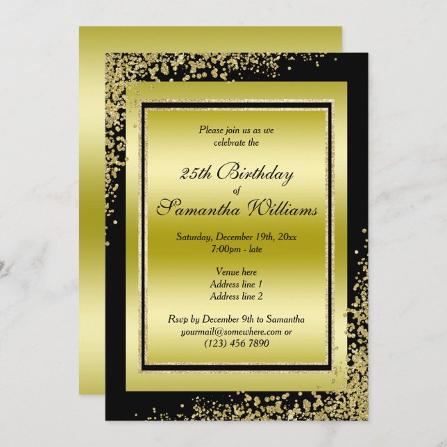 Invitación Decoraciones de Confeti Dorado Glamurosas Cumpleañ (Anverso / Reverso)