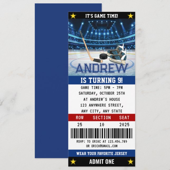 Invitación Decoraciones de cumpleaños de hockey personal (Anverso / Reverso)