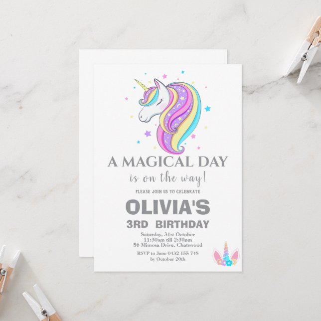 Invitación Decoraciones de la fiesta de cumpleaños de Unicorn (Anverso/Reverso In Situ)