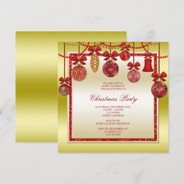 Invitación Decoraciones delicadas fiesta de Navidad roja y do (Anverso / Reverso)