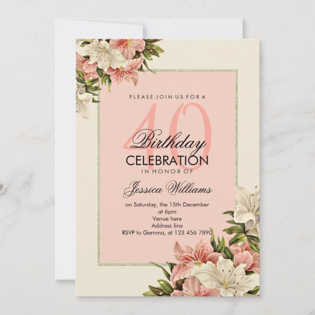 Invitación Decoraciones florales Cumpleaños Femenino (Anverso)