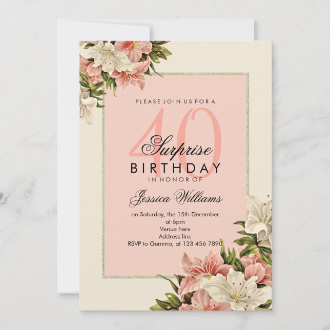 Invitación Decoraciones florales Sorpresa Femenina Cumpleaños (Anverso)