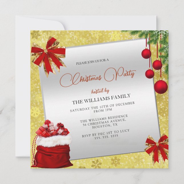 Invitación Decoraciones Navideñas Fiesta de Navidad en Oro (Anverso)