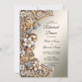 Invitación Decorativo Dorado Blanco Floral Ensayo Cena
