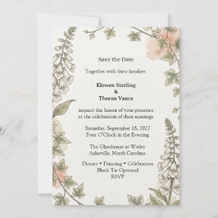 Invitación Dedalera, Hojas de Hiedra, Follaje de Acuarela, Bo