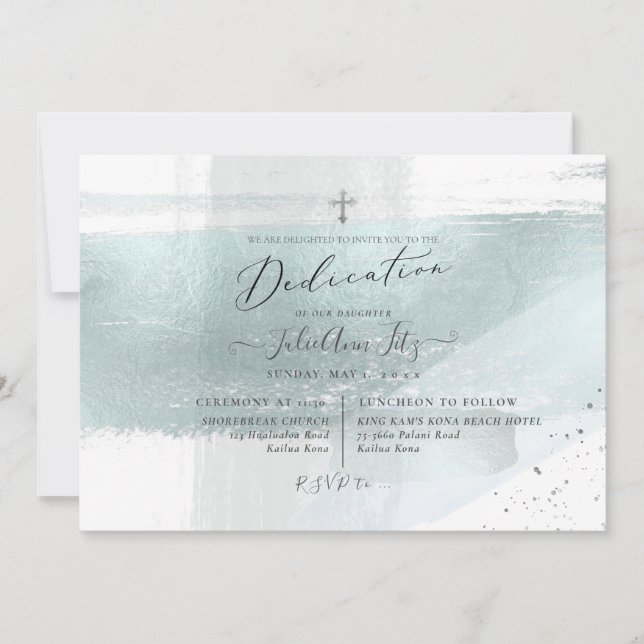 Invitación Dedicación azul turbia metalica de PixDezines Faux (Anverso)