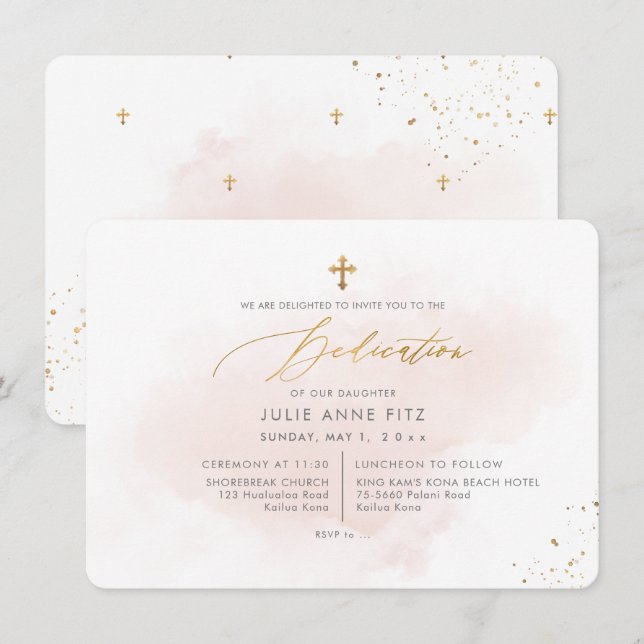 Invitación Dedicación de acuarela rosa de PixDezines (Anverso / Reverso)