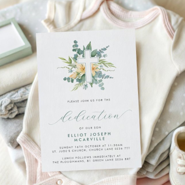 Invitación Dedicación de bebé con guión de vegetación moderna (Subido por el creador)