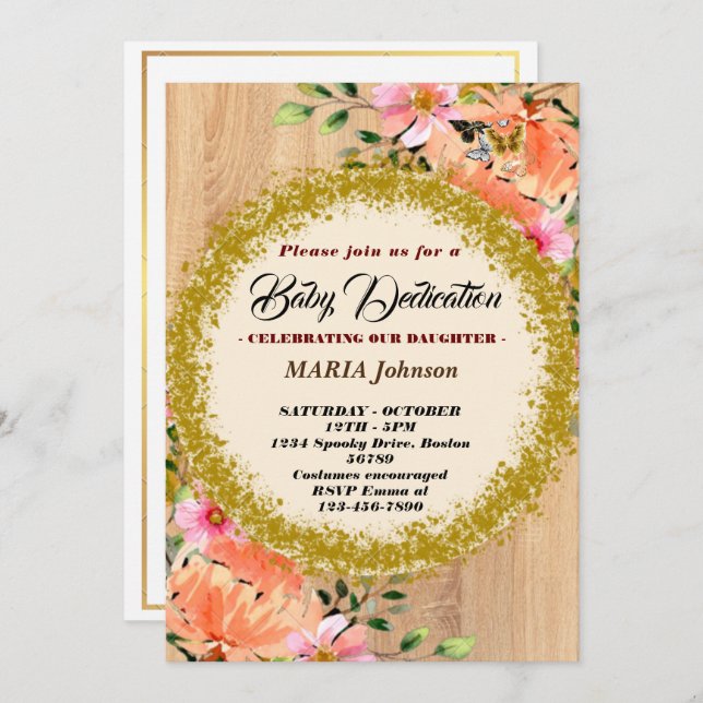Invitación Dedicación de bebé floral acuarela mariposa femeni (Anverso / Reverso)