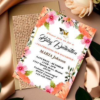 Invitación Dedicación de bebé floral acuarela mariposa femeni