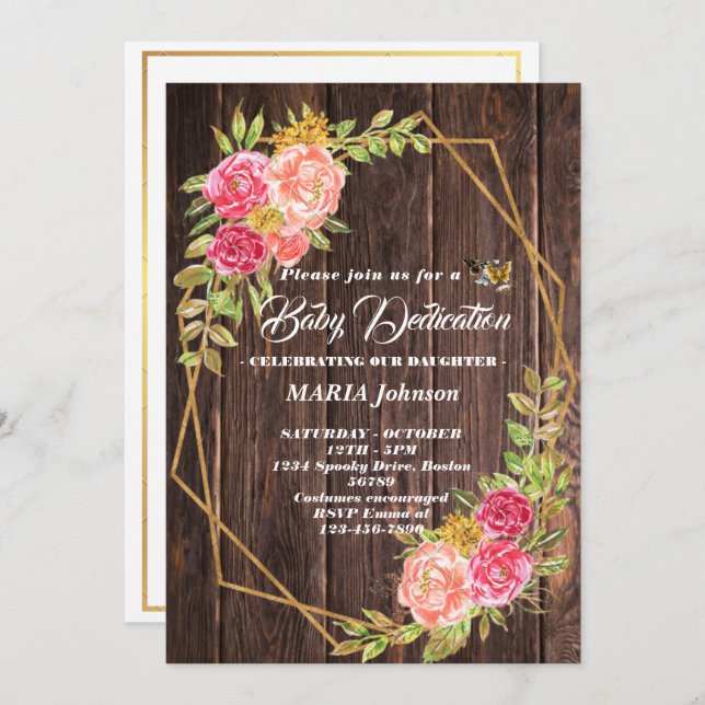 Invitación Dedicación de bebé floral acuarela mariposa femeni (Anverso / Reverso)
