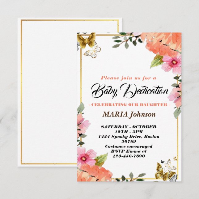 Invitación Dedicación de bebé floral acuarela mariposa femeni (Anverso / Reverso)