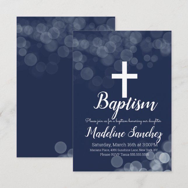 Invitación Dedicación de luces Bokeh de bautizo y confirmació (Anverso / Reverso)