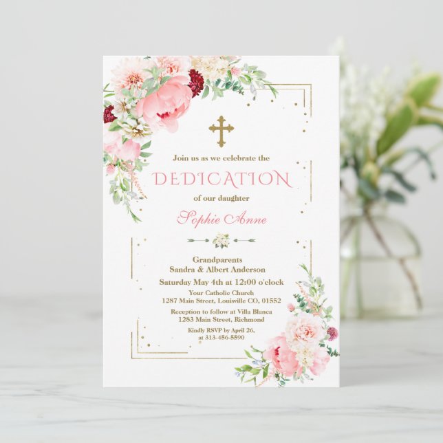 Invitación Dedicación de marco Purpurina de flores rosadas Ru (Anverso de pie)