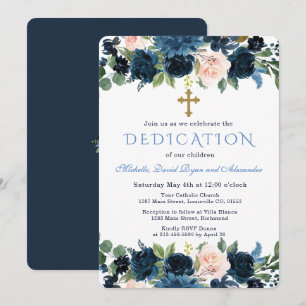 Invitación Dedicación de tripletes de flores rosadas y azul m