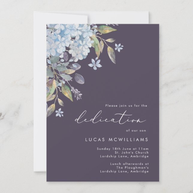 Invitación Dedicación del bebé de la Marina Blue Hydrangeas (Anverso)