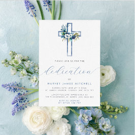 Invitación Dedicación del bebé Dusty Blue Floral Cross