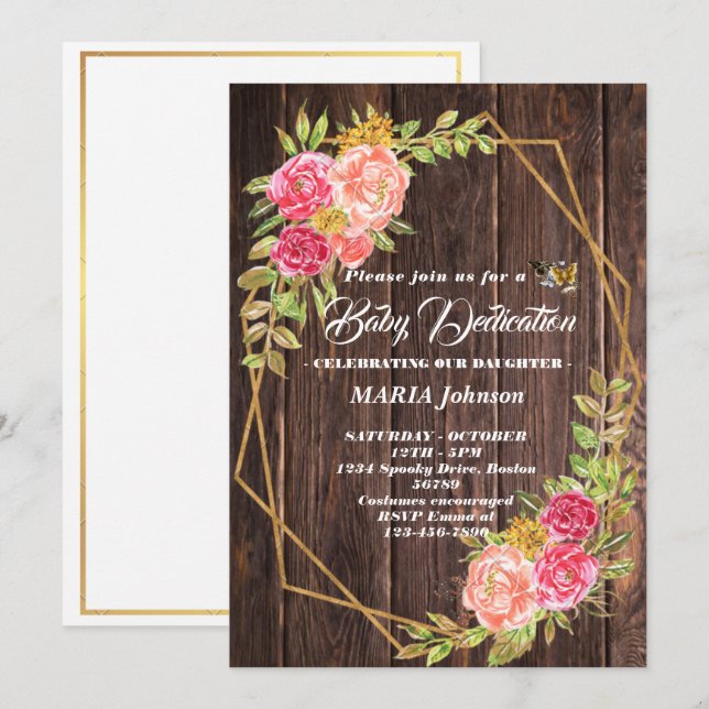 Invitación Dedicación del bebé floral de la flor de mariposa  (Anverso / Reverso)