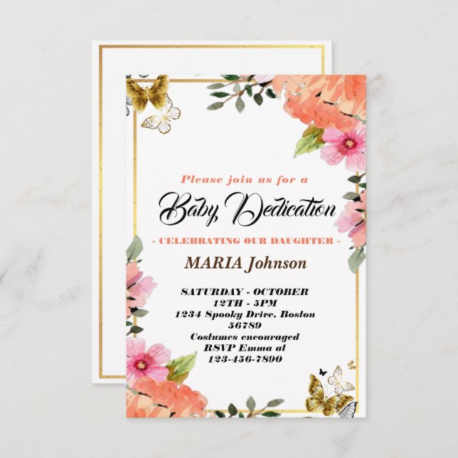 Invitación Dedicación del bebé floral de la flor de mariposa  (Anverso / Reverso)