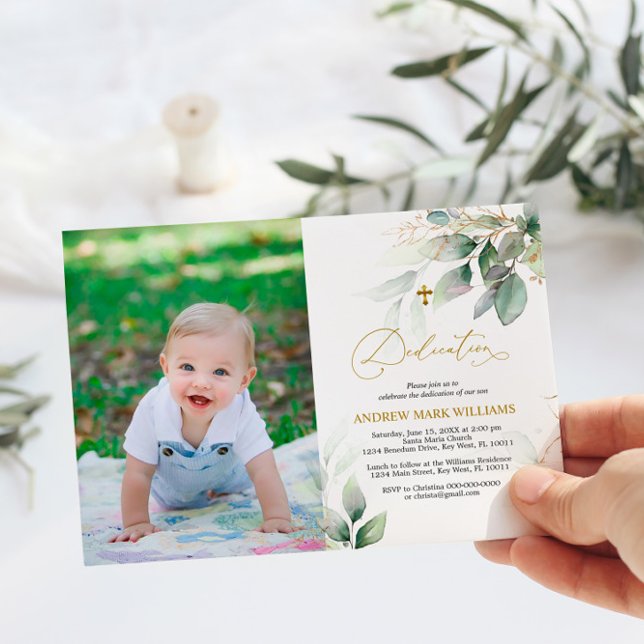 Invitación Dedicación fotográfica de eucalipto verde y oro (Subido por el creador)