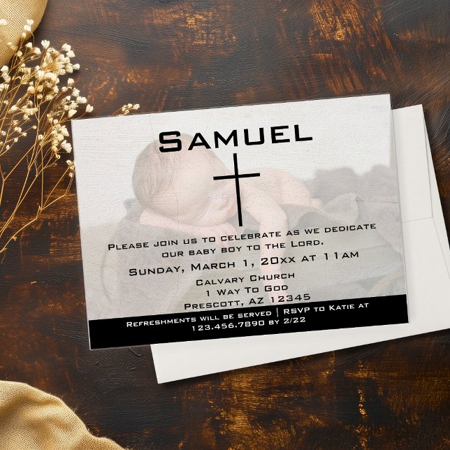 Invitación Dedicación moderna de bebé con foto en blanco y ne (Modern Black White Photo Baby Dedication Invitations)