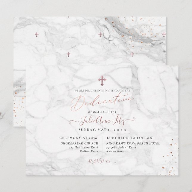 Invitación Dedicación PixDezines Mármol Rosa Dorado (Anverso / Reverso)