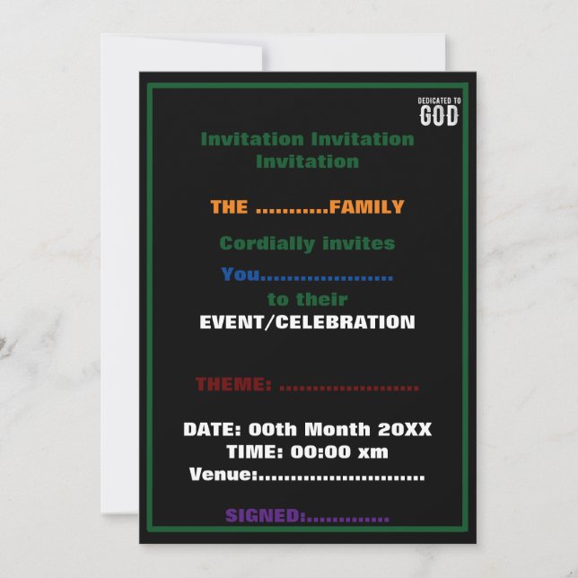 INVITACIÓN DEDICADO A DIOS FRESCO PERSONALIZABLE BLANCO  TEXT (Anverso)
