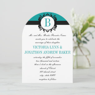 Invitación Deep Aqua Damask Monogram Wedding Invite