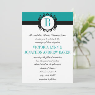 Invitación Deep Aqua Damask Monogram Wedding Invite