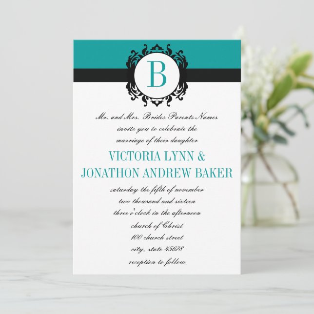 Invitación Deep Aqua Damask Monogram Wedding Invite (Anverso de pie)