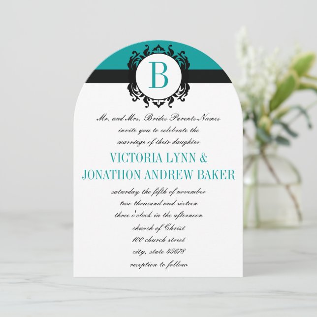 Invitación Deep Aqua Damask Monogram Wedding Invite (Anverso de pie)