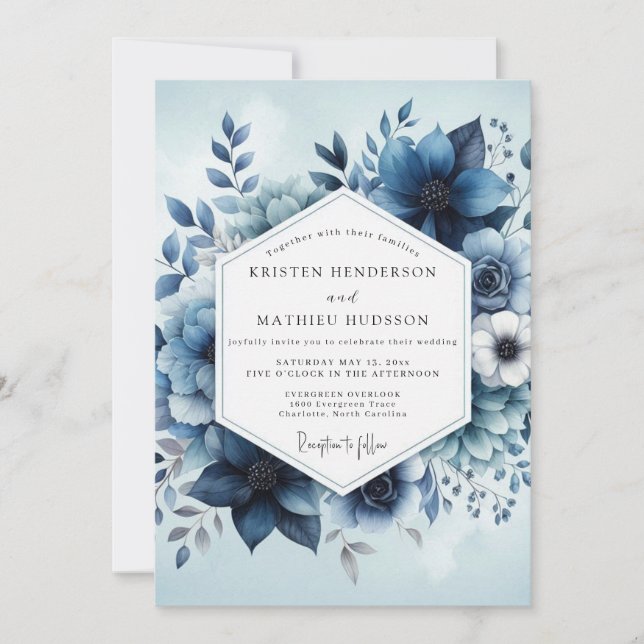 Invitación Deep Blue Botanical Whimsy Wedding (Anverso)