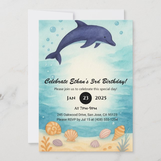 Invitación Deep Blue Dolphin & Seashell Ocean Birthday  (Anverso)