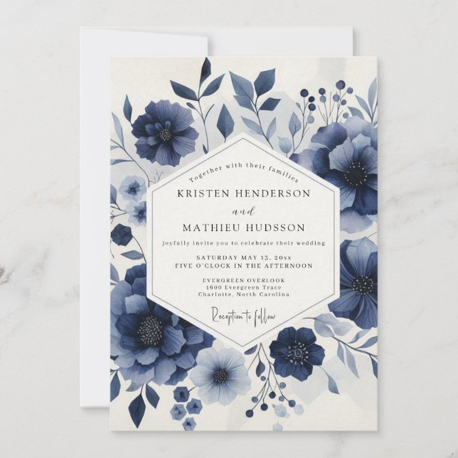 Invitación Deep Blue Ethereal Bloom Wedding (Anverso)