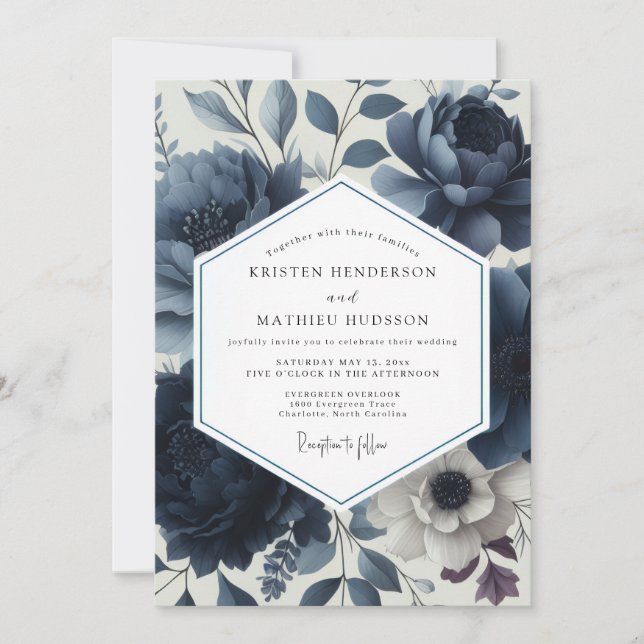 Invitación Deep Blue Floral Elegance Wedding (Anverso)